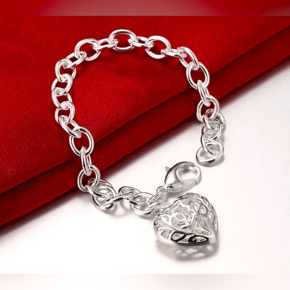 various Jewelry - SOLD New Silver Filled Womens Filigree Heart Charm Bracelet Bangle 8.0"